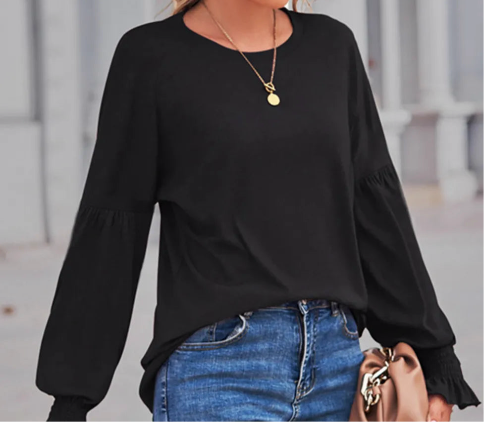 Round Neck Flounce Sleeve Blouse