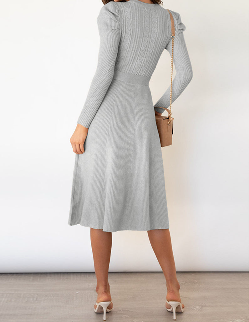Round Neck Long Sleeve Tie Waist Sweater Dress