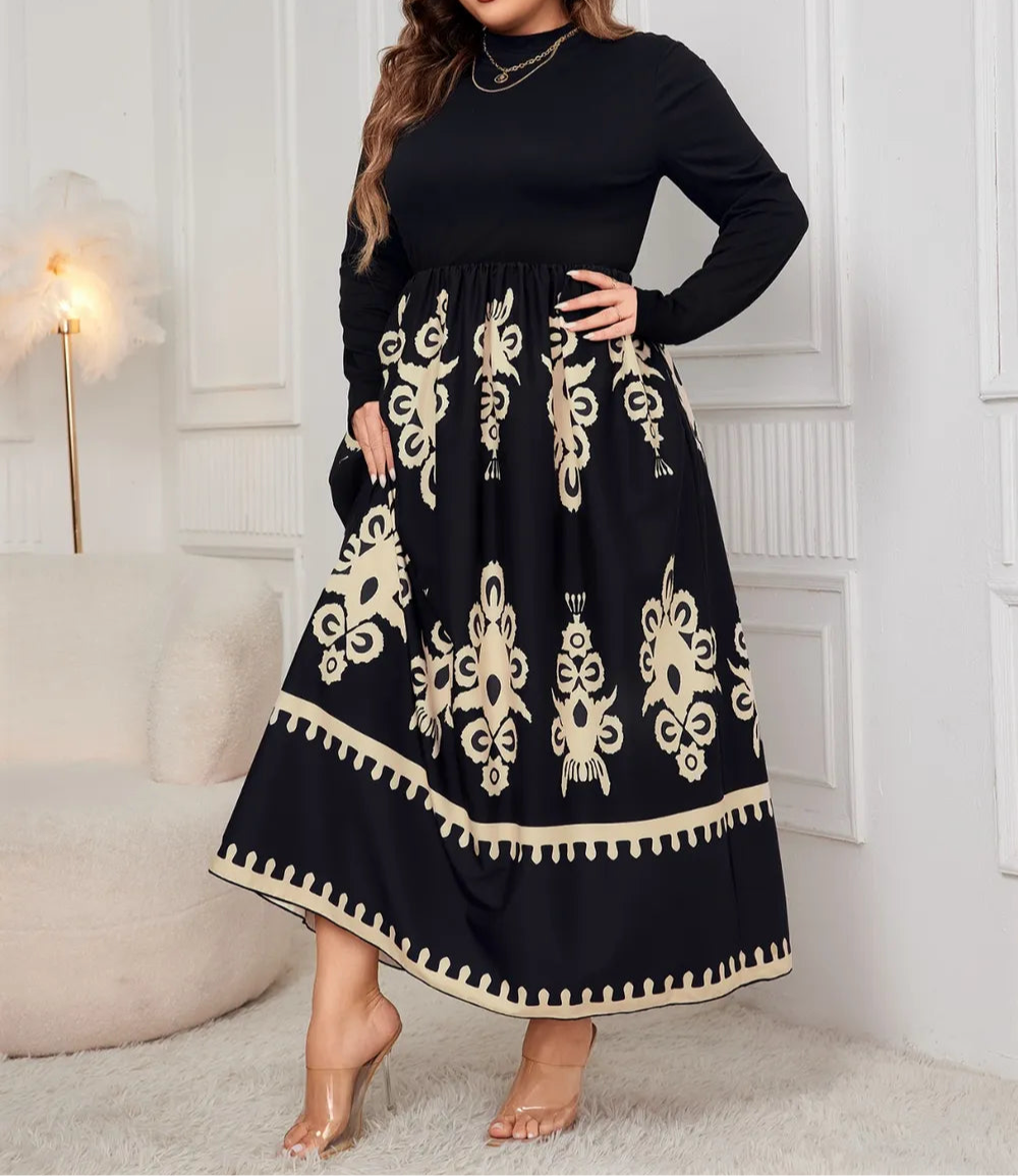 Plus Size Printed Mock Neck Long Sleeve Dress