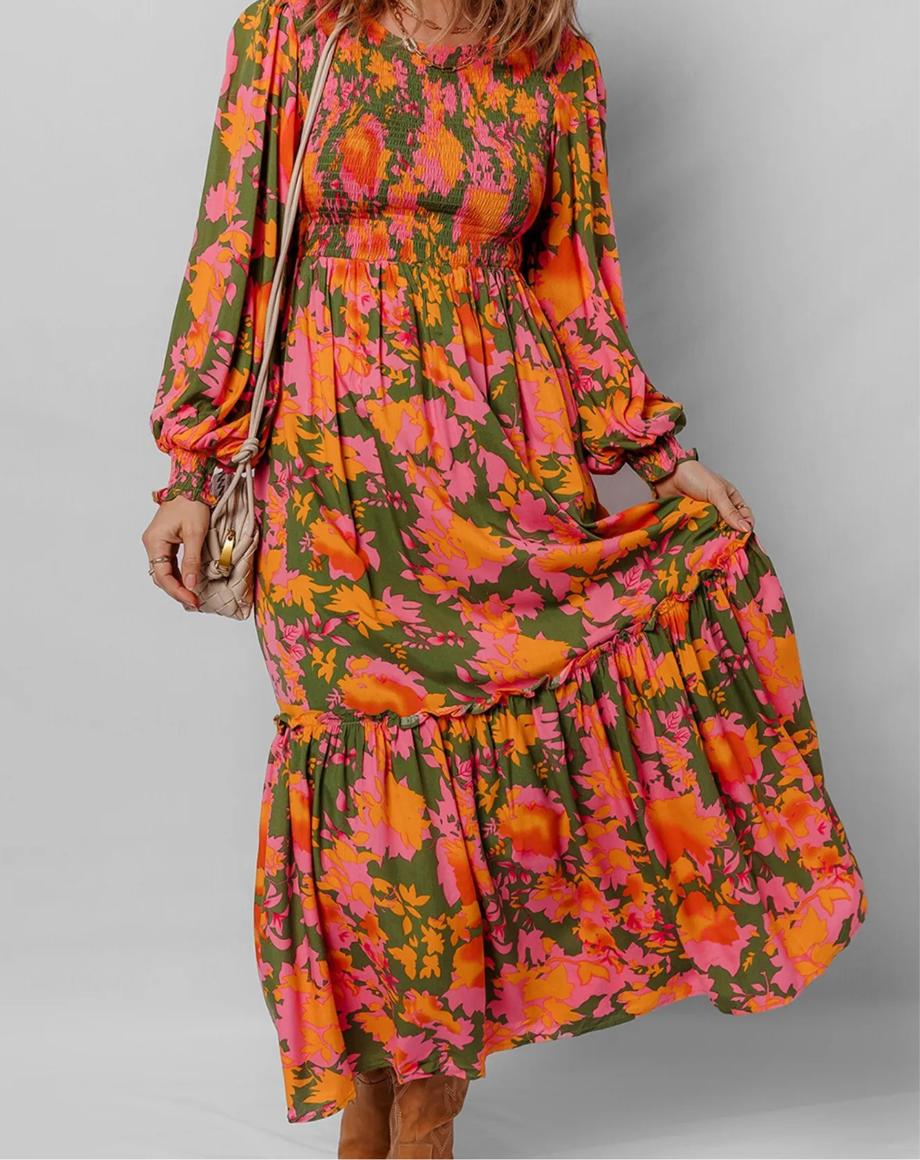Smocked Floral Print Long Sleeve Maxi Dress