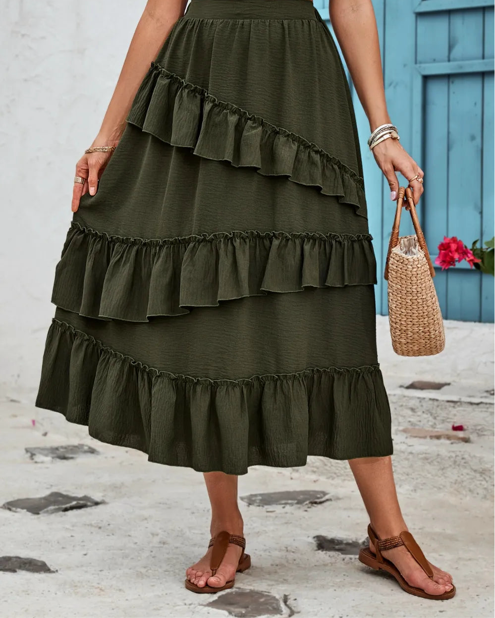 Honey Ruffled Elastic Waist Midi Skirt