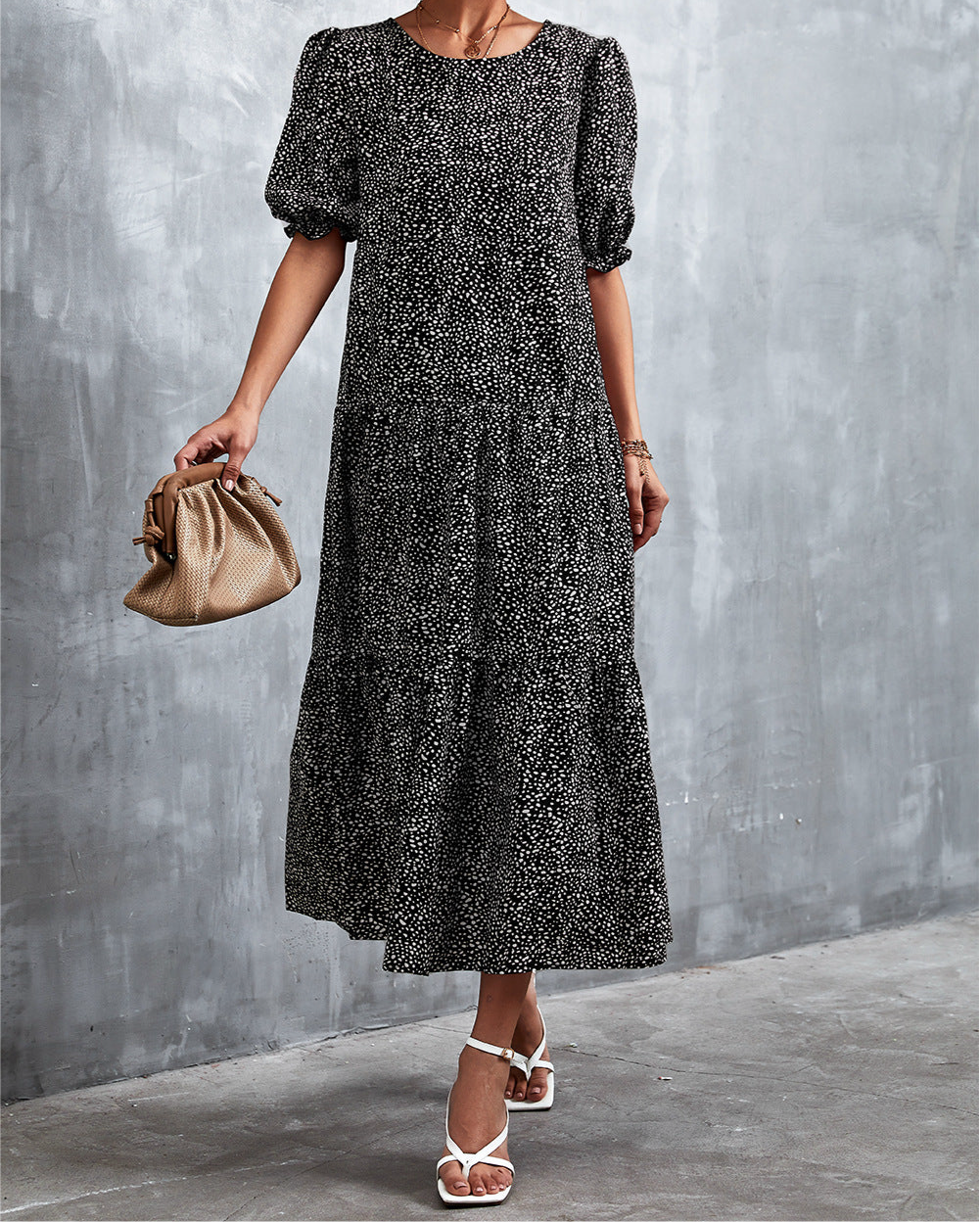 Printed Flounce Sleeve Tiered Dress