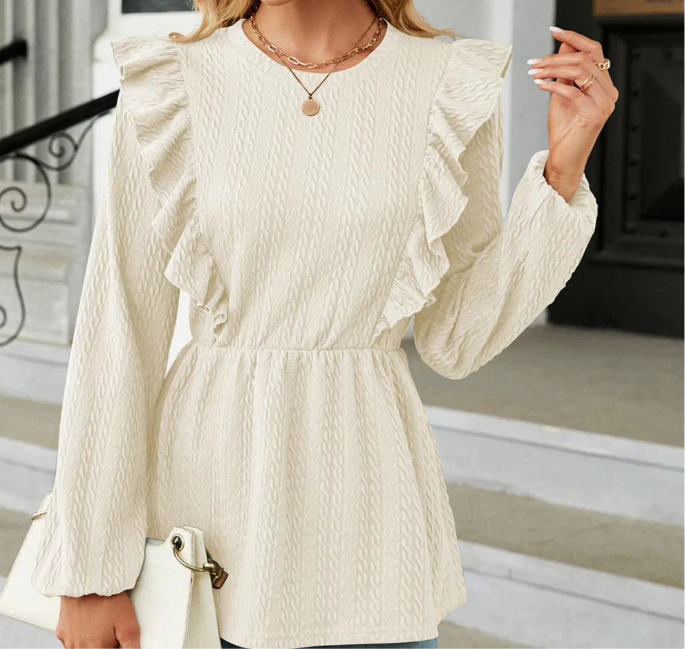 Ruffled Round Neck Balloon Sleeve Blouse