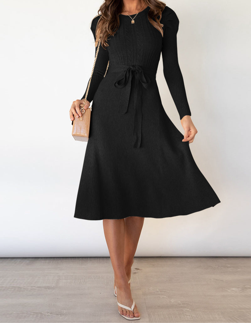 Round Neck Long Sleeve Tie Waist Sweater Dress