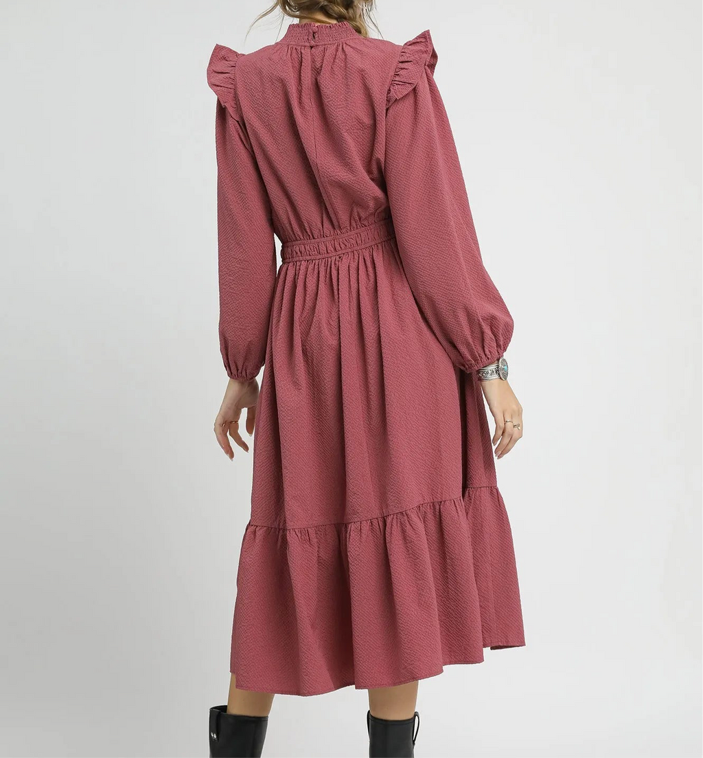 Textured Midi Dress with Ruffle Shoulder Detail