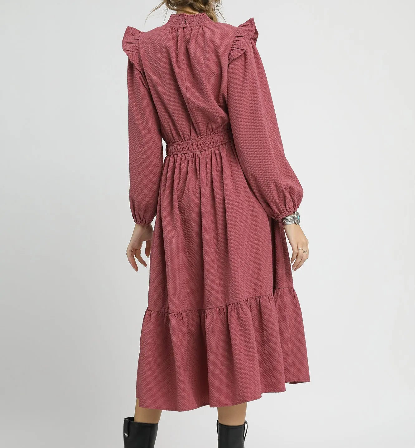 Textured Midi Dress with Ruffle Shoulder Detail