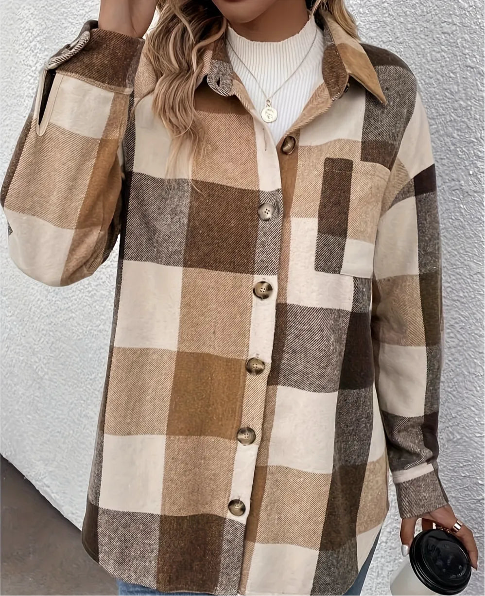 Curved Hem Plaid Collared Neck Shacket