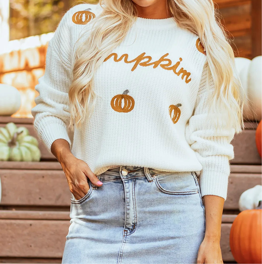 Pumpkin Embroidery Long Sleeve Sweater