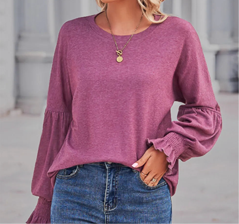Round Neck Flounce Sleeve Blouse