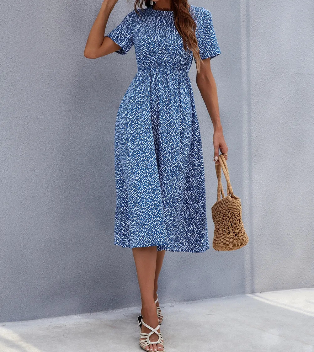 Honey Printed Round Neck Short Sleeve Midi Dress