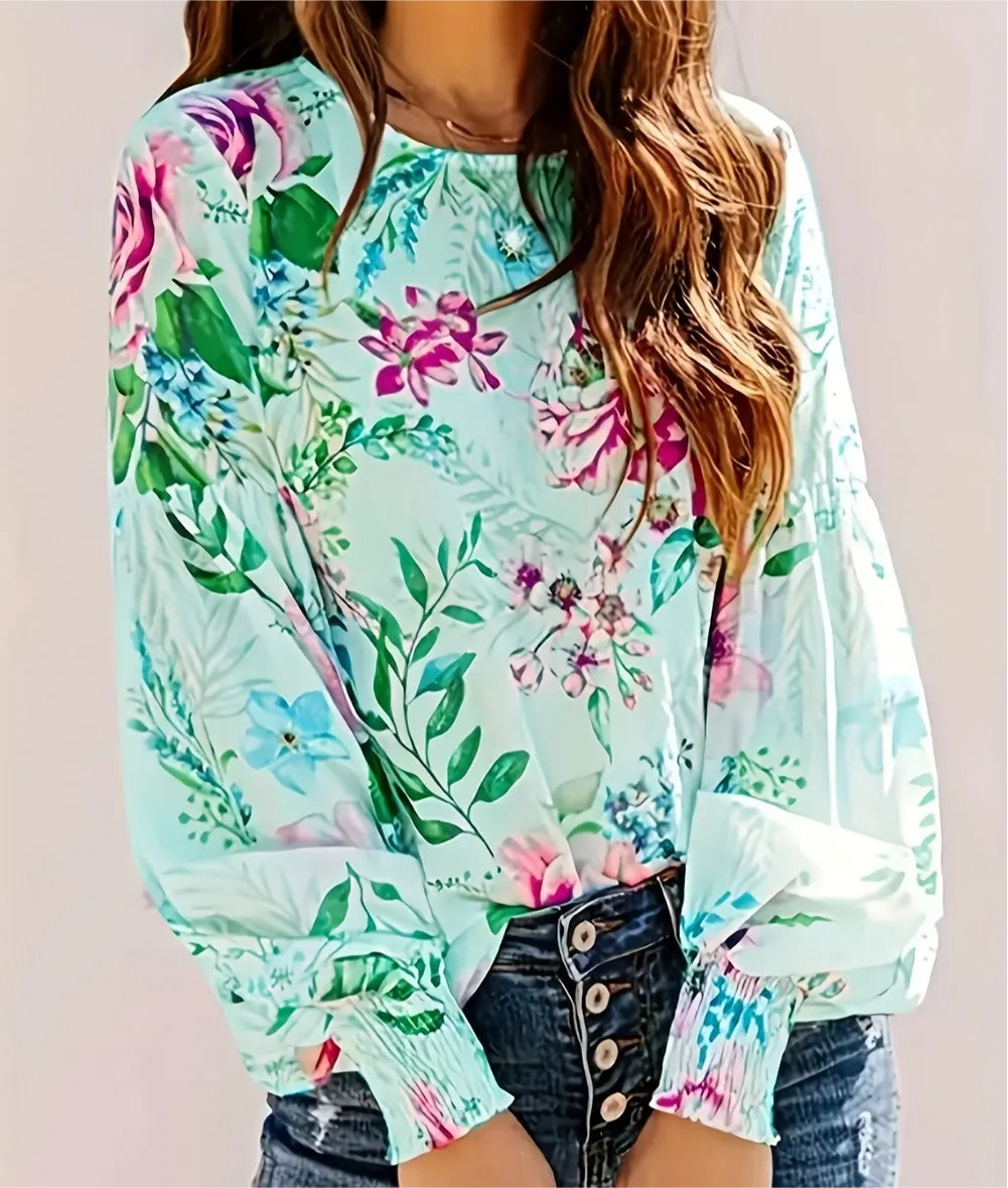 Smocked Printed Round Neck Lantern Sleeve Blouse