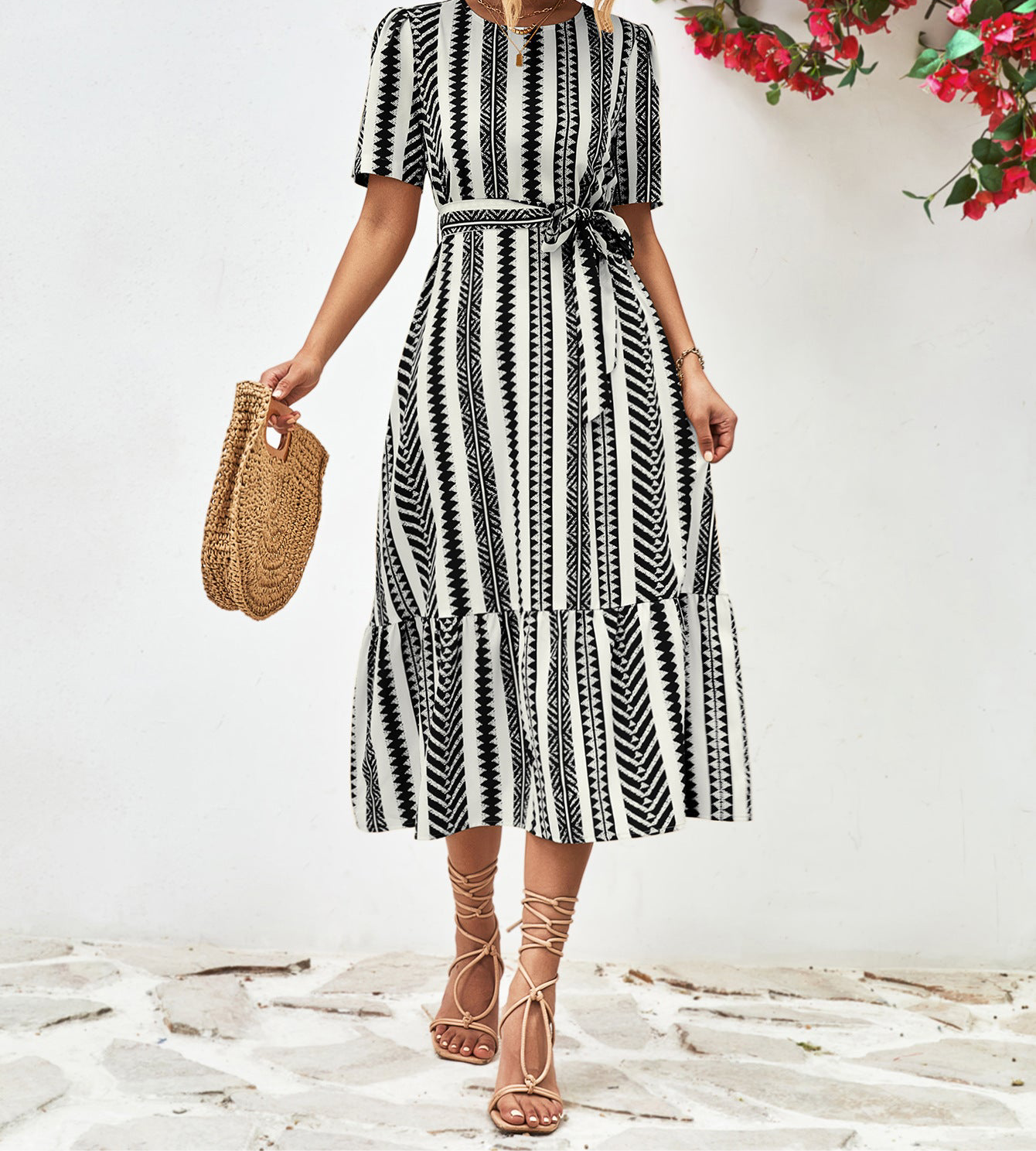 Striped Tie Belt Round Neck Puff Sleeve Dress