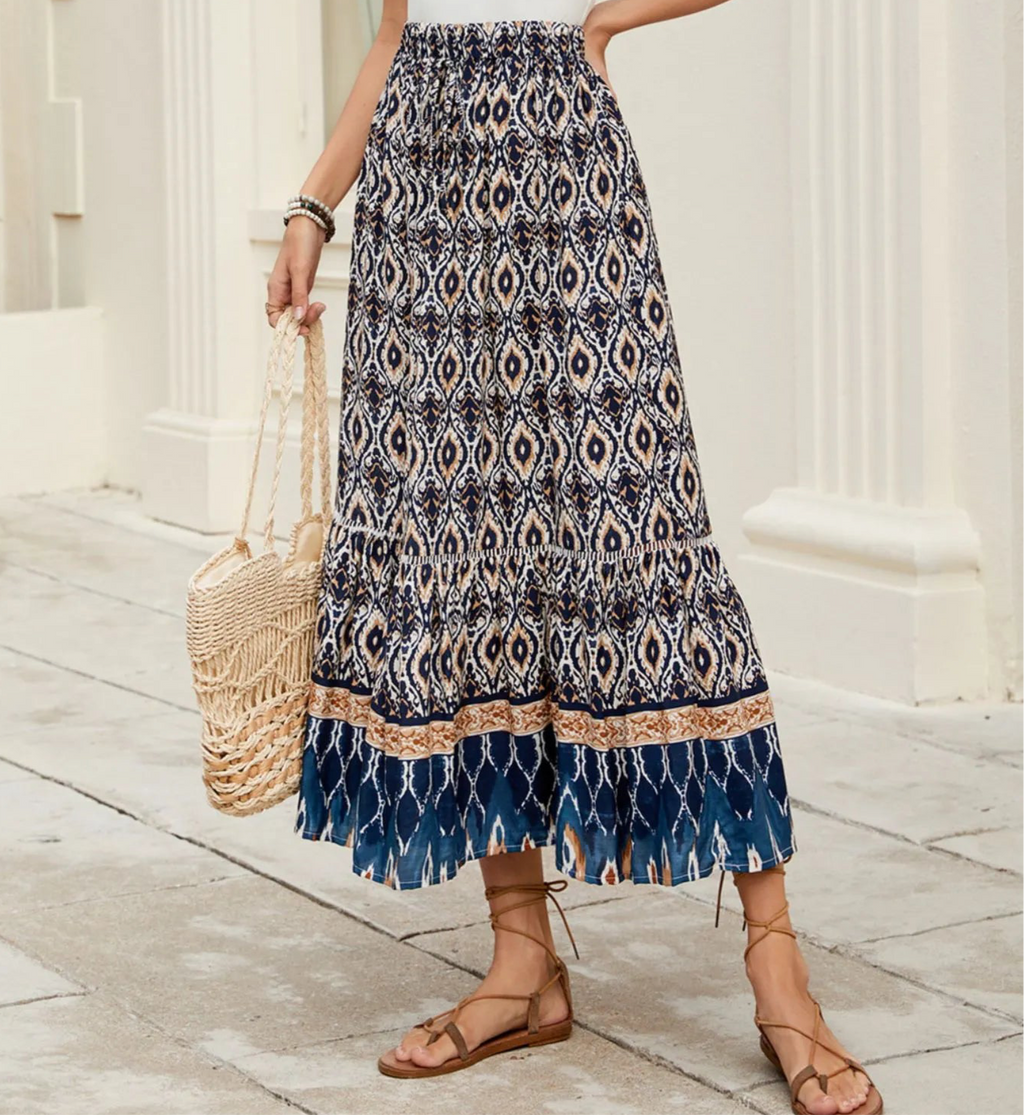Bohemian Printed Ruched Maxi Skirt