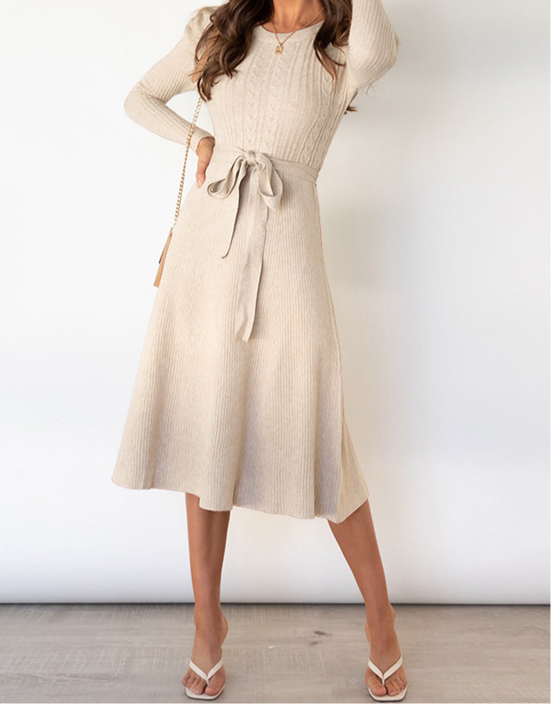 Round Neck Long Sleeve Tie Waist Sweater Dress