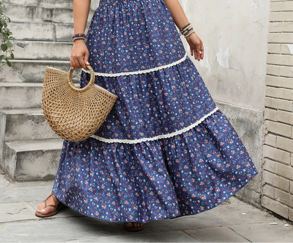 Plus Size Floral Elastic Waist Maxi Skirt