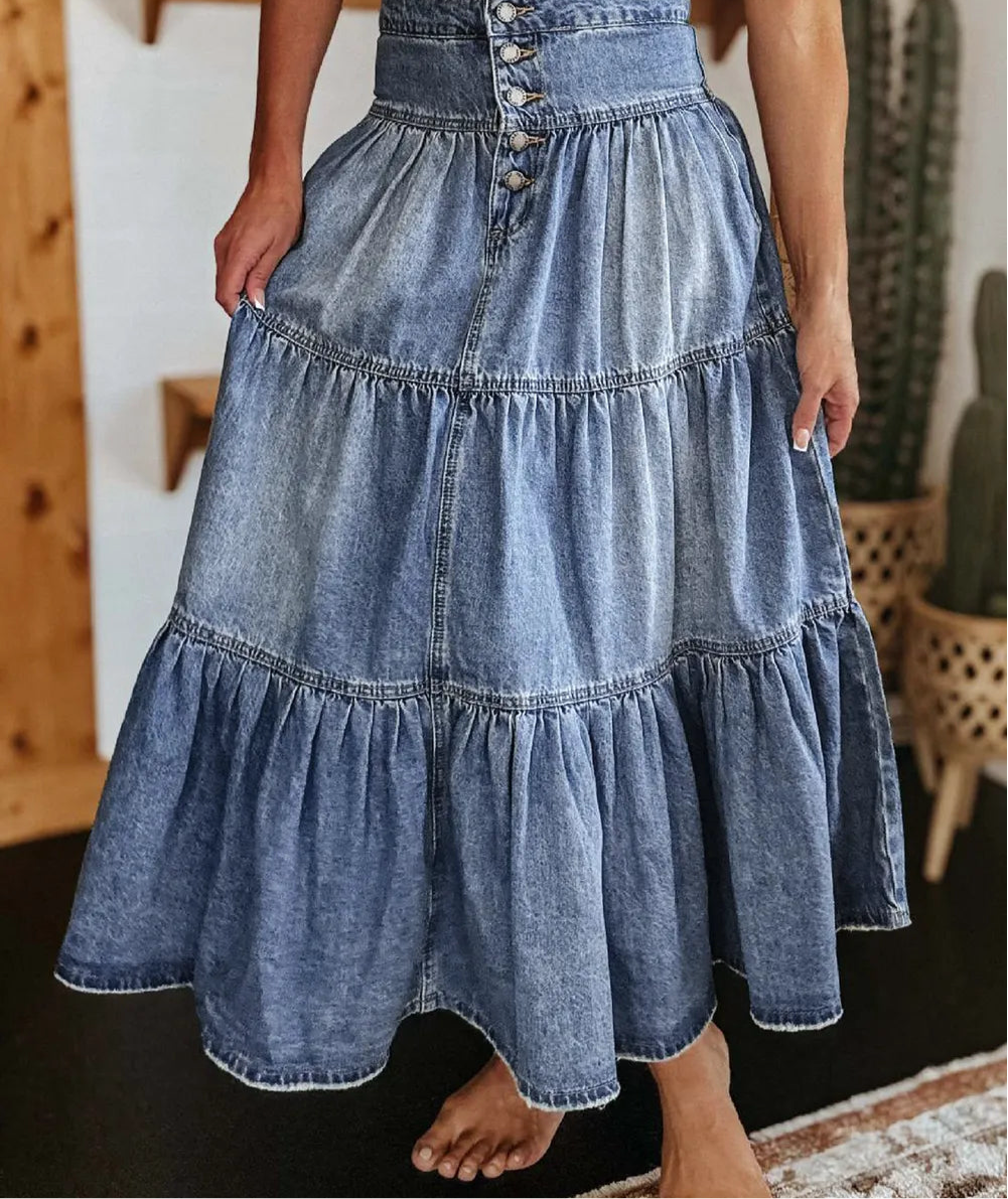 Tiered Button-Fly Denim Skirt