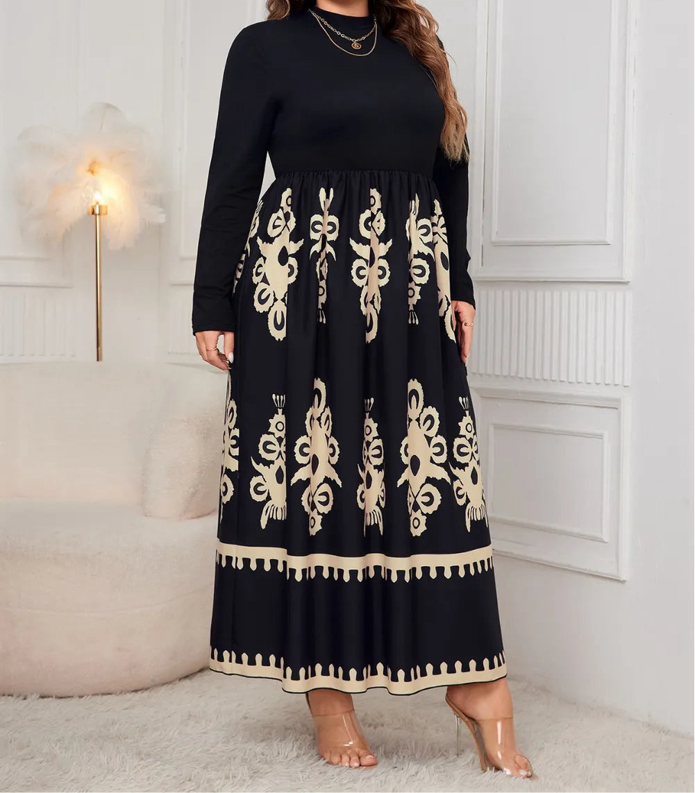 Plus Size Printed Mock Neck Long Sleeve Dress