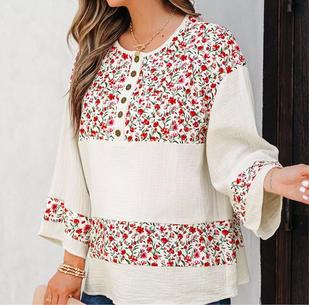 Floral Print Henley Button 3/4 Sleeve Blouse