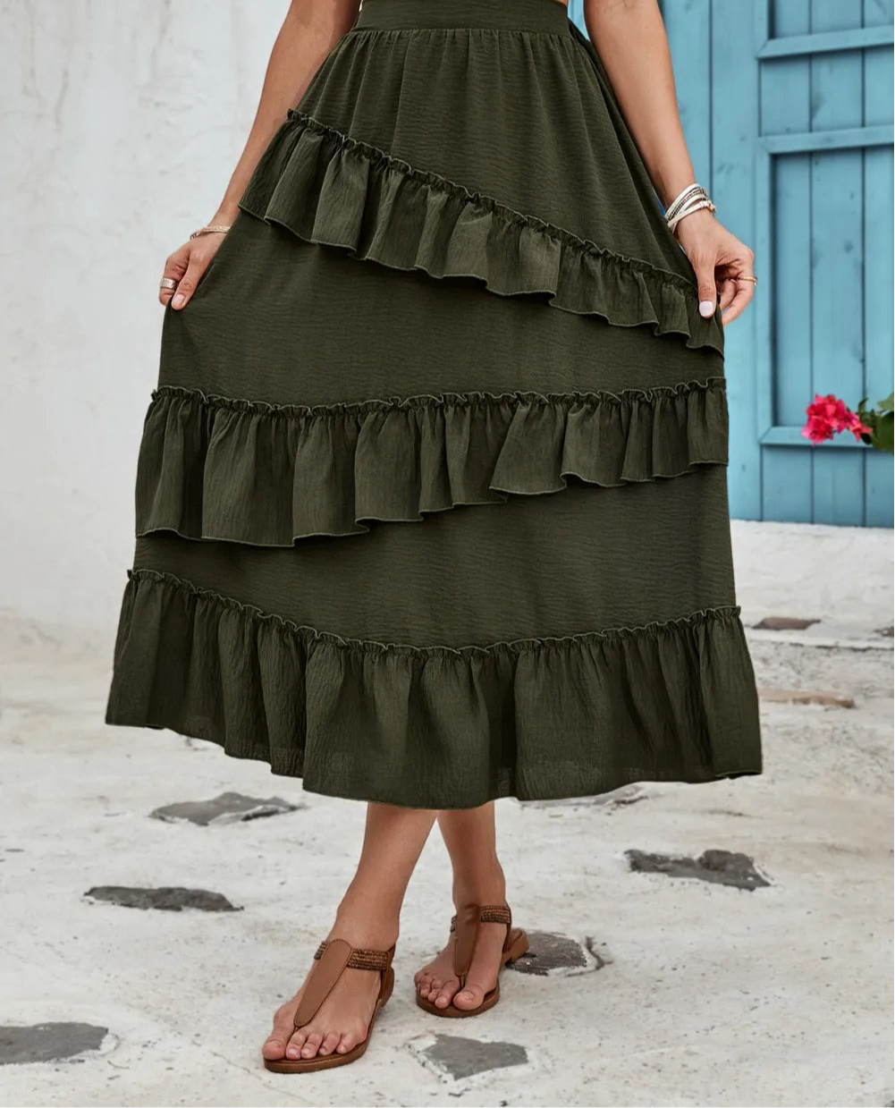 Honey Ruffled Elastic Waist Midi Skirt