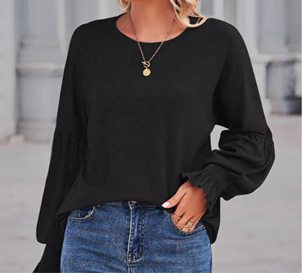 Round Neck Flounce Sleeve Blouse