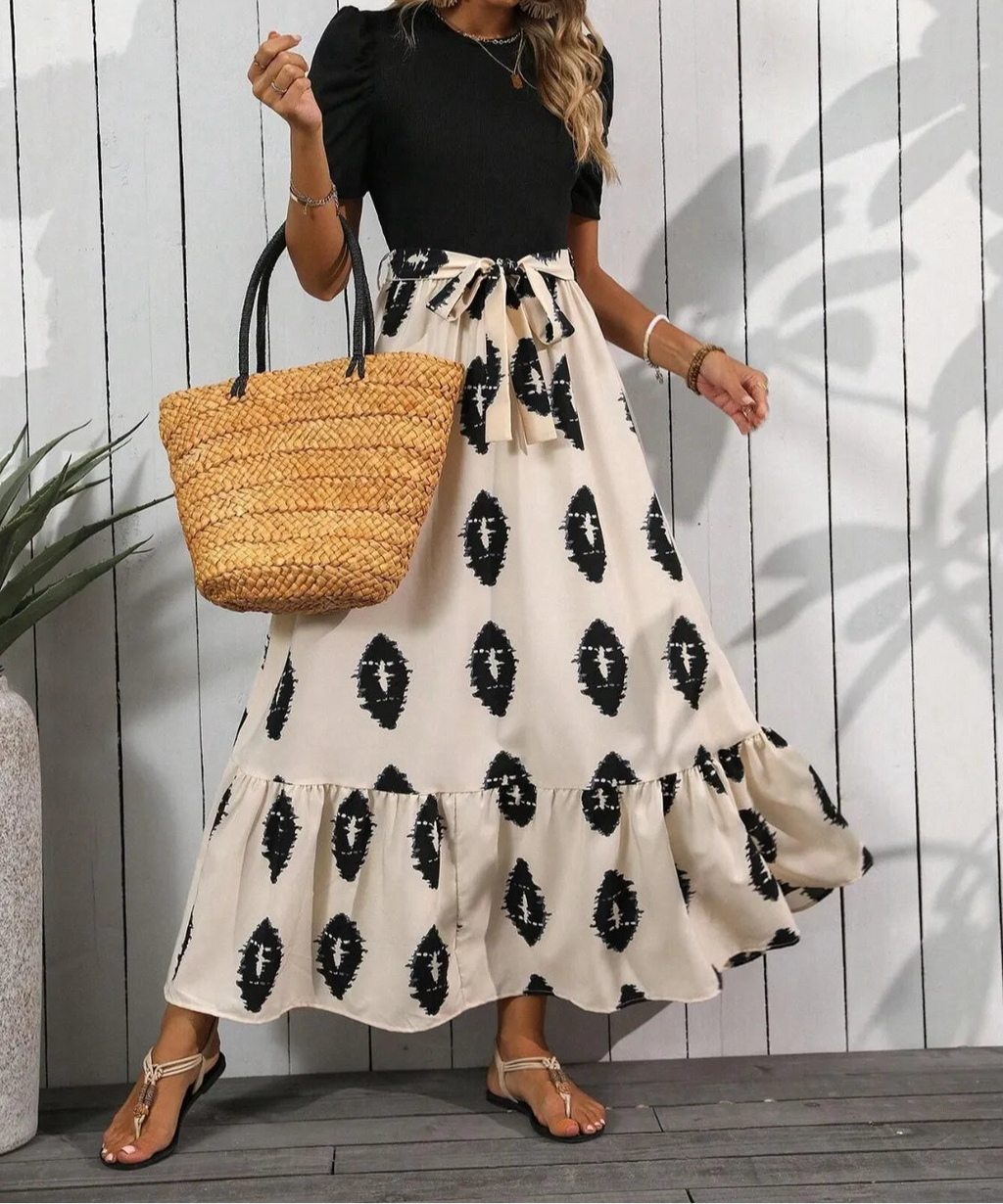 Printed Tie Waist Short Sleeve Maxi Dress