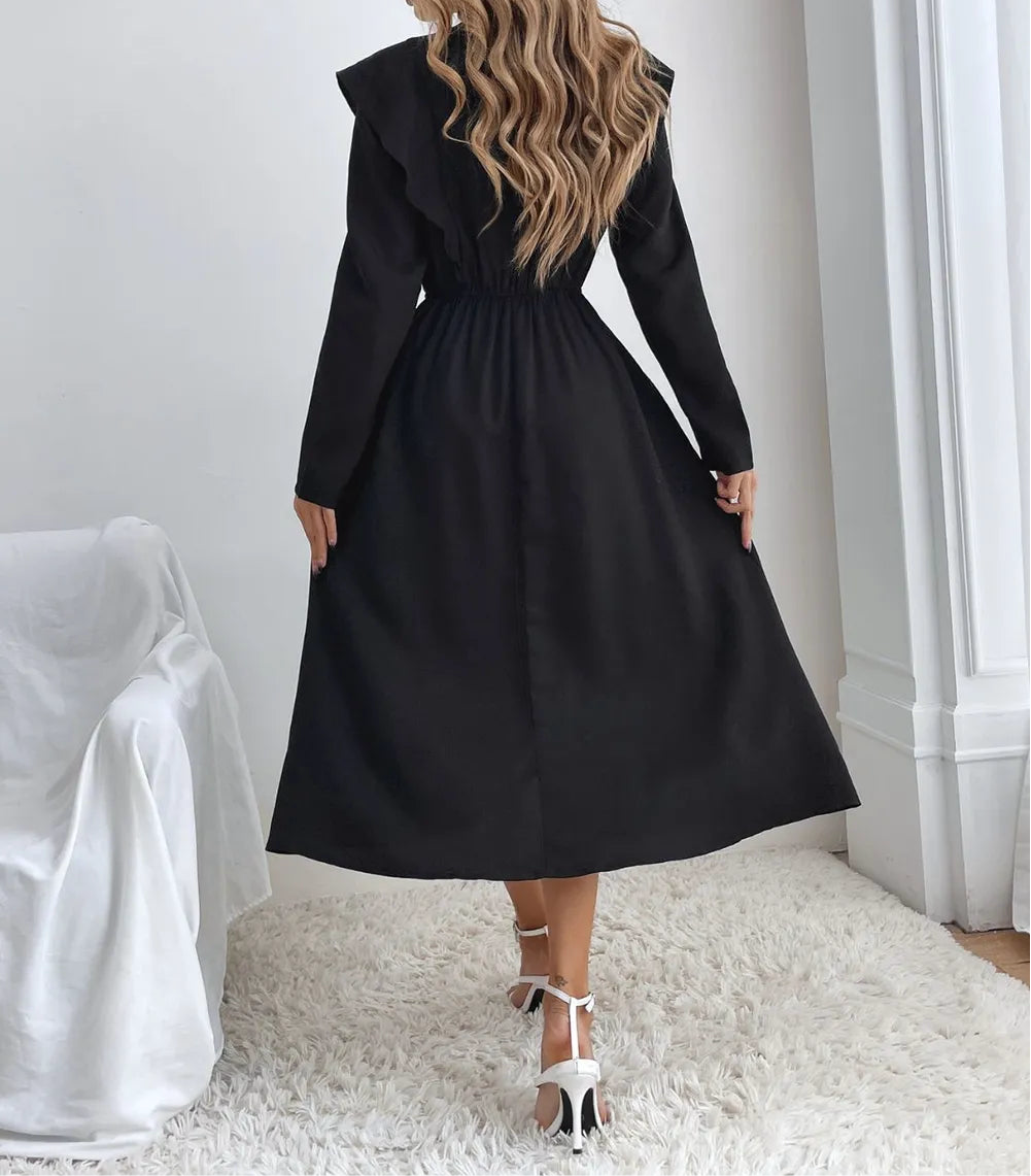 Ruched Ruffled Round Neck Long Sleeve Dress