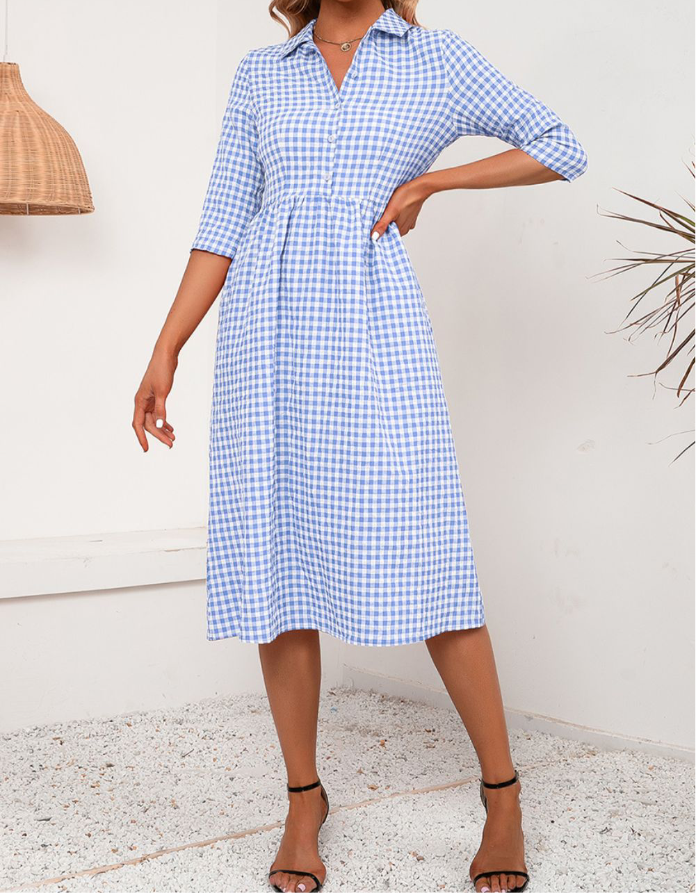 Plaid Collared Neck Midi Dress