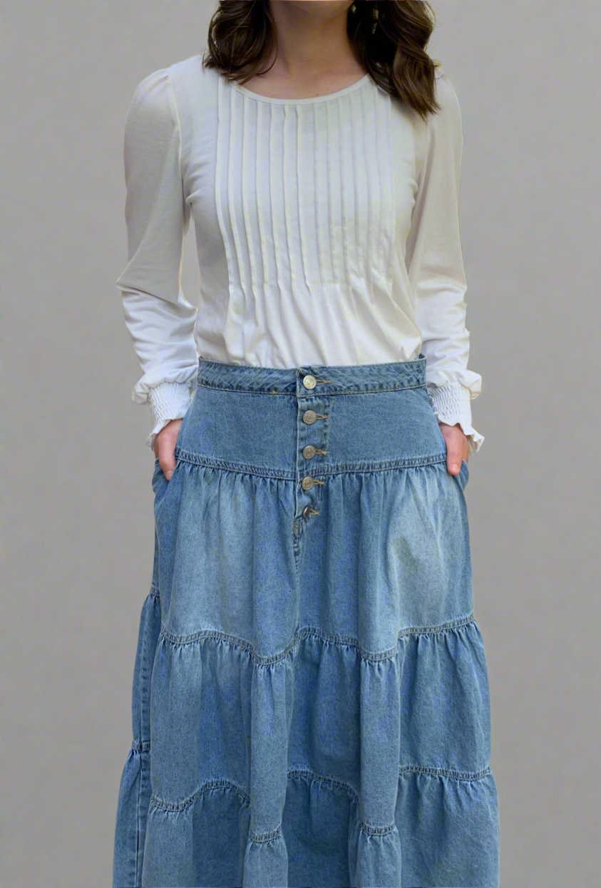 Ruched Button Fly Denim Skirt