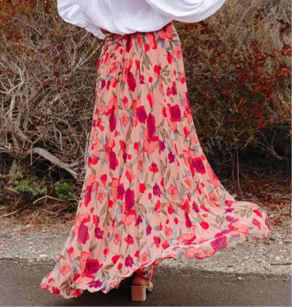Printed Elastic Waist Pleated Maxi Skirt