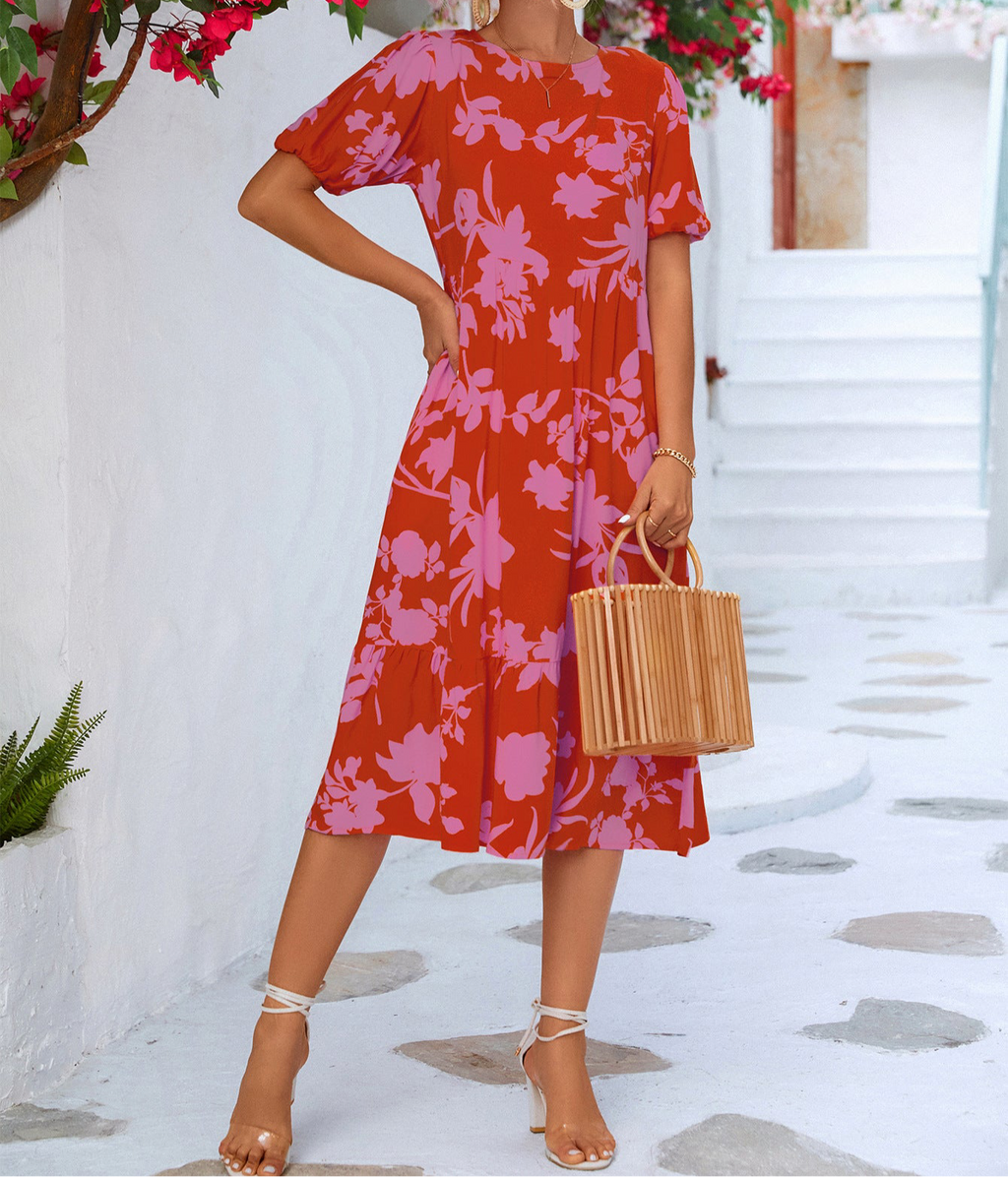 Floral Puff Sleeve Ruffle Hem Midi Dress