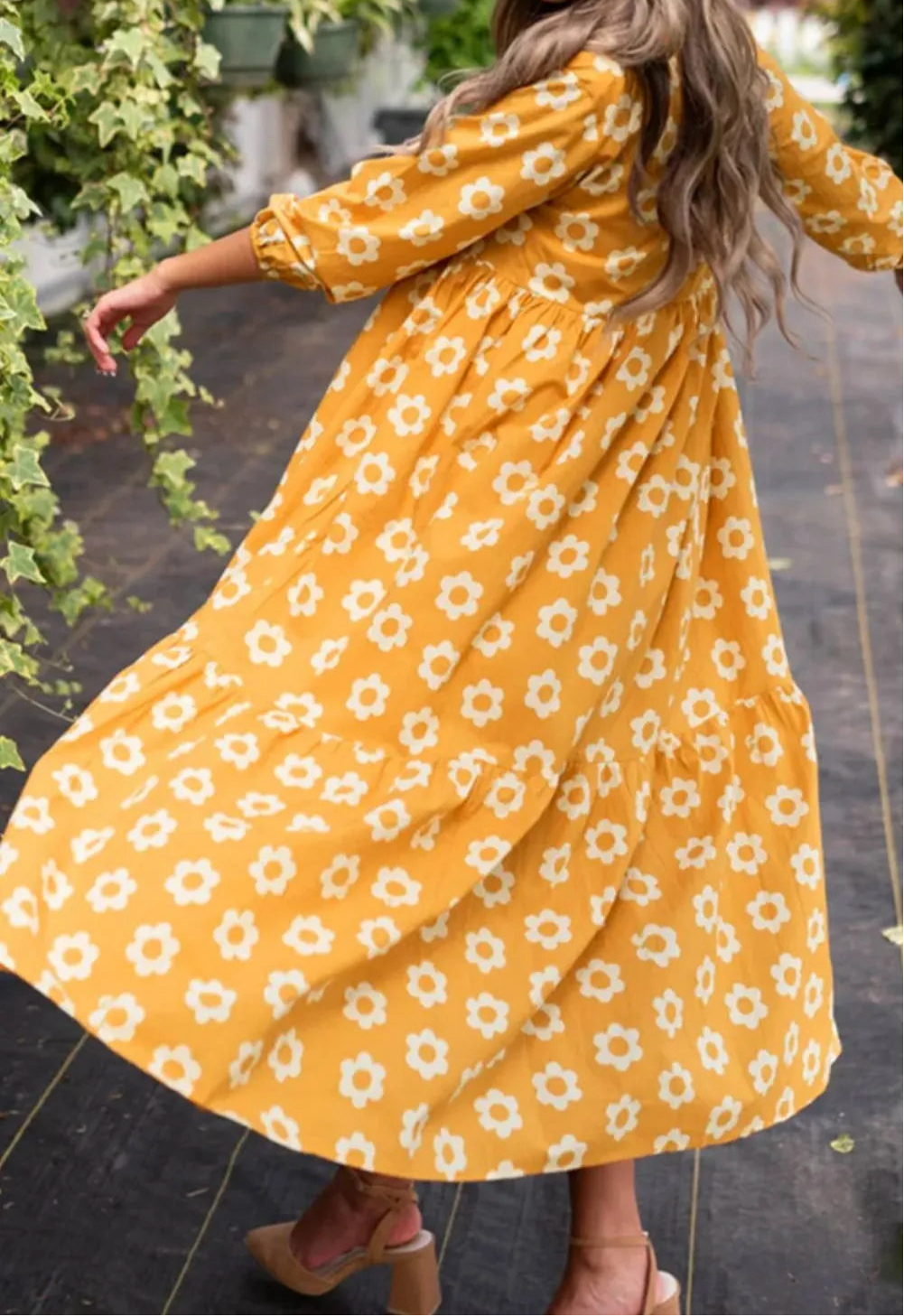 Floral Collared Neck Three-Quarter Sleeve Dress