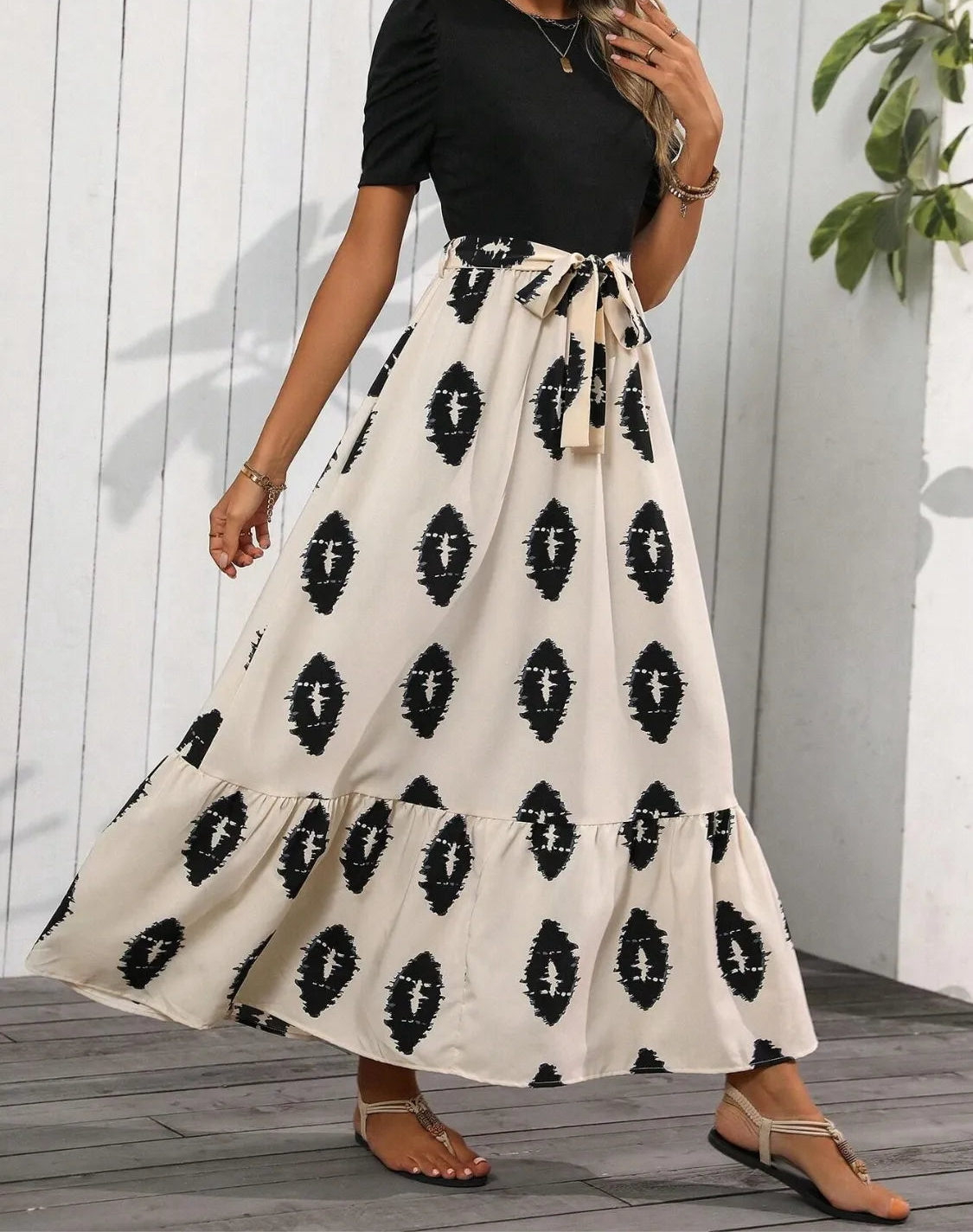 Printed Tie Waist Short Sleeve Maxi Dress