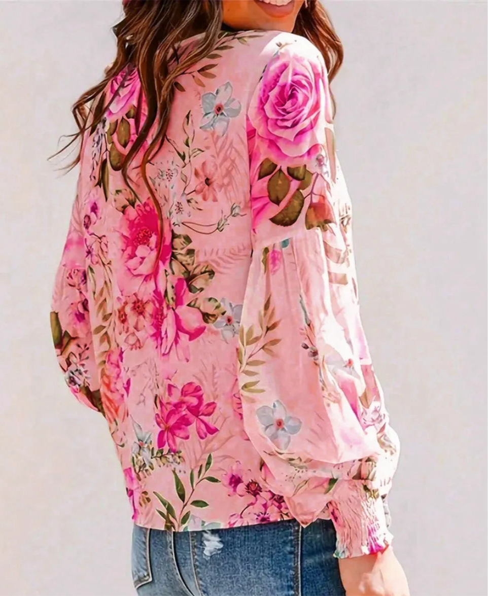 Smocked Printed Round Neck Lantern Sleeve Blouse
