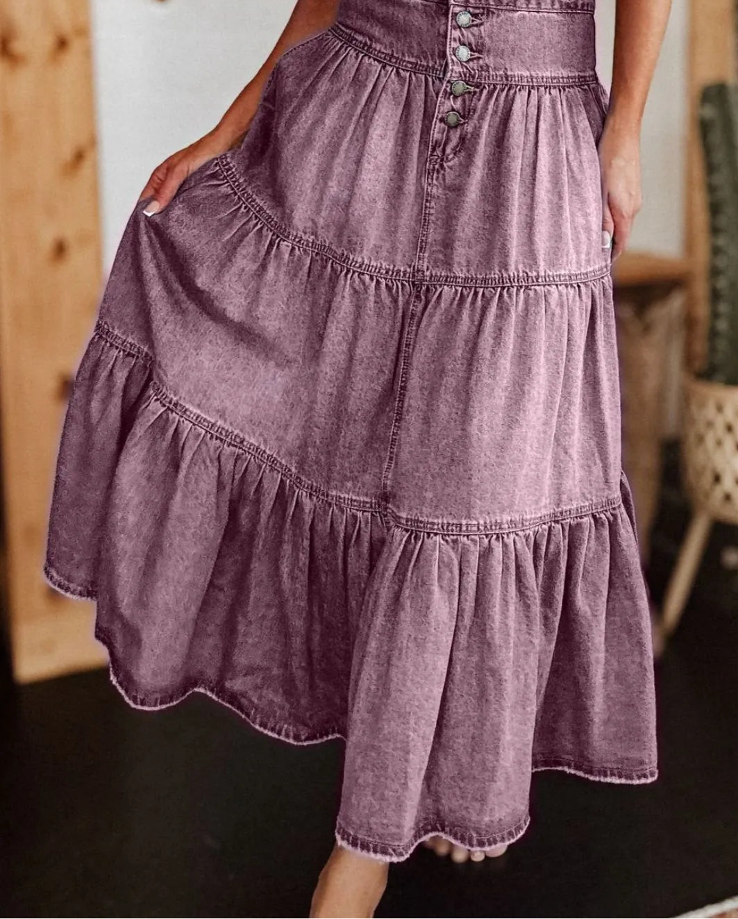 Ruched Button Fly Denim Skirt