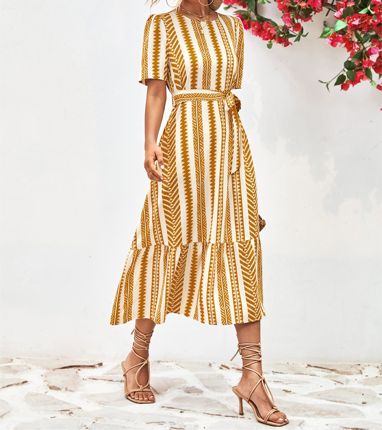 Striped Tie Belt Round Neck Puff Sleeve Dress