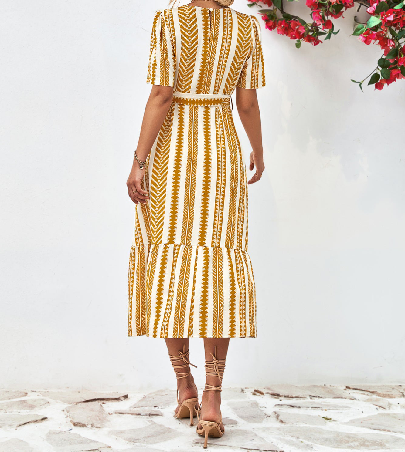 Striped Tie Belt Round Neck Puff Sleeve Dress