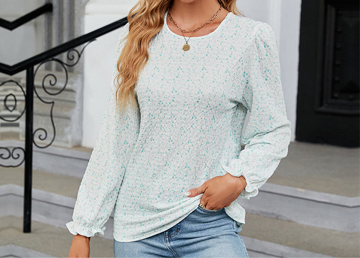 Printed Round Neck Flounce Sleeve Blouse