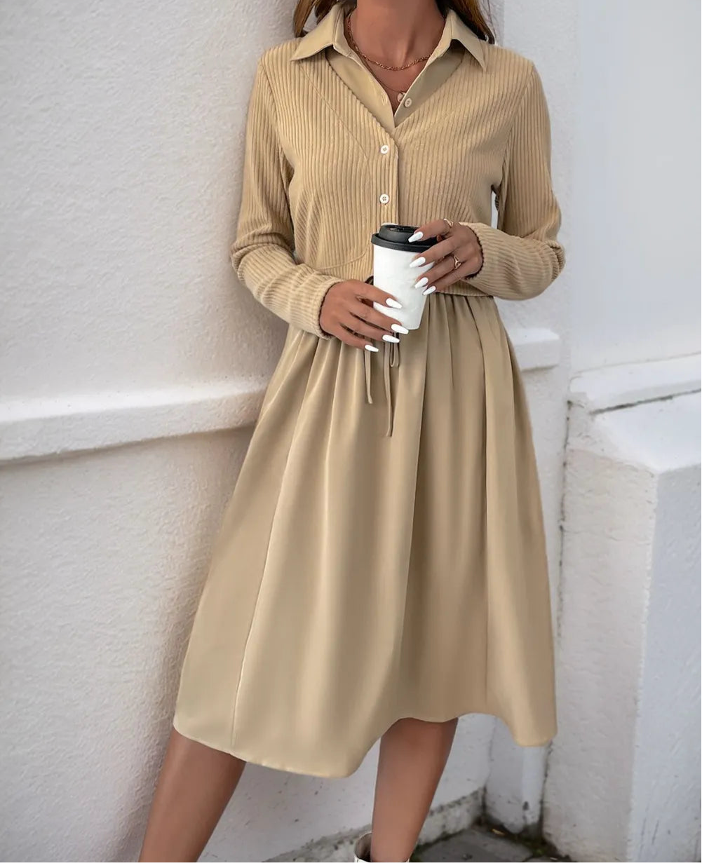 Perfee Fake Two Piece Collared Neck Long Sleeve Midi Dress