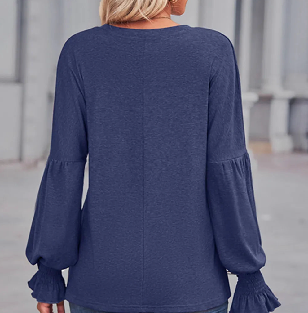 Round Neck Flounce Sleeve Blouse