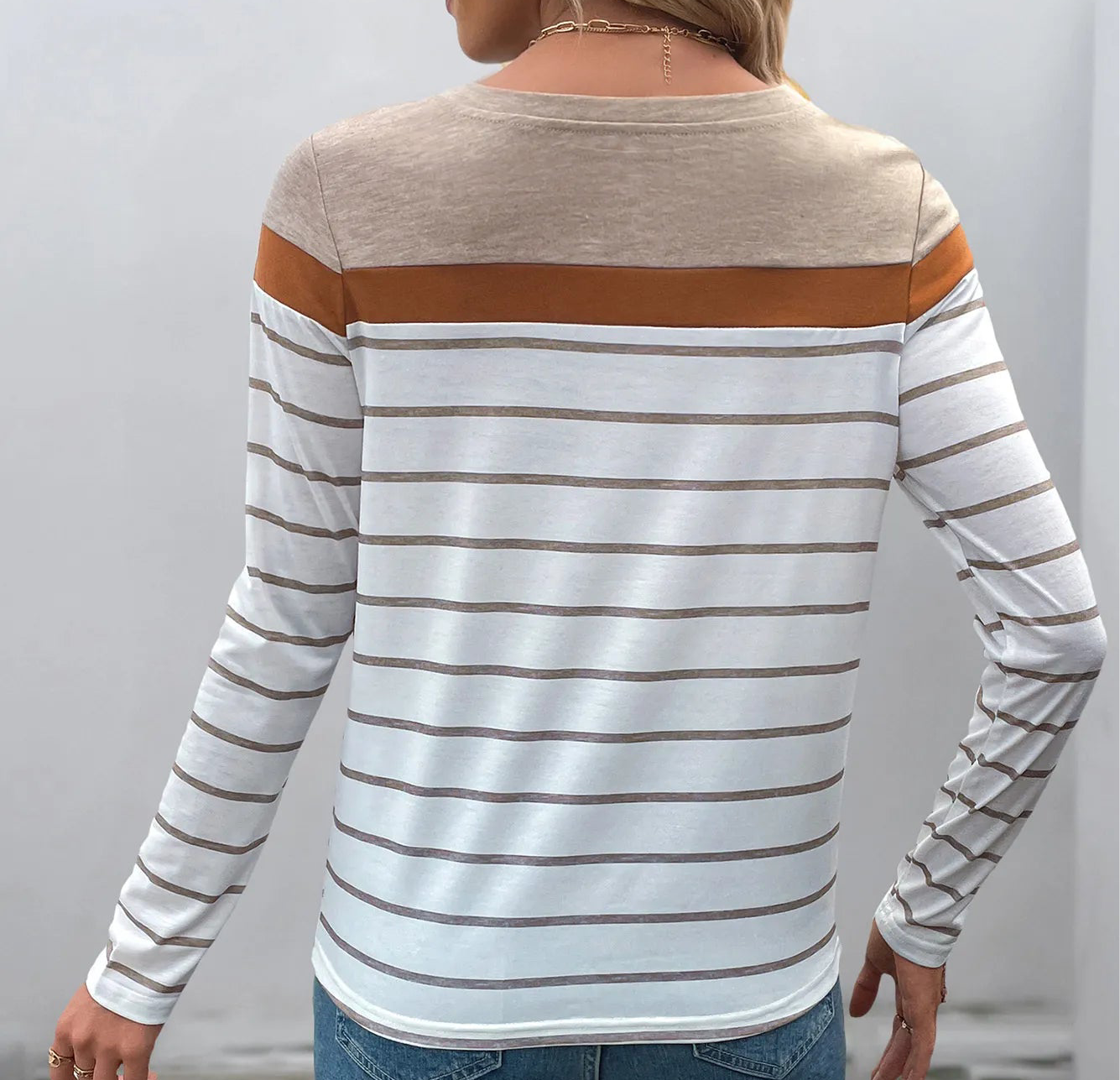 Casual Striped Long Sleeve Color Block T-Shirt