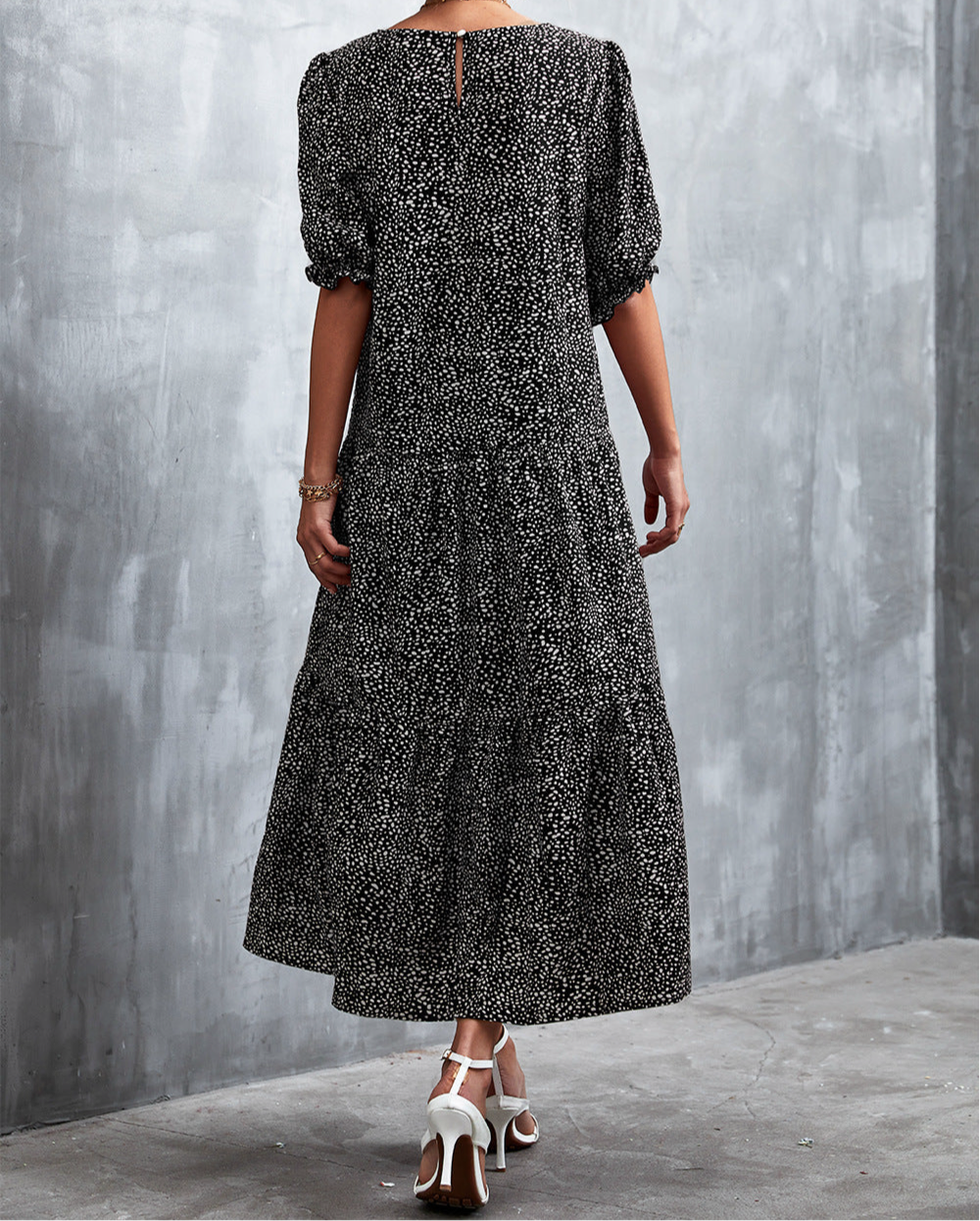 Printed Flounce Sleeve Tiered Dress