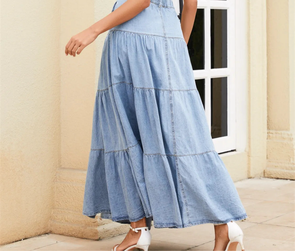 Button Front Tiered Denim Dress
