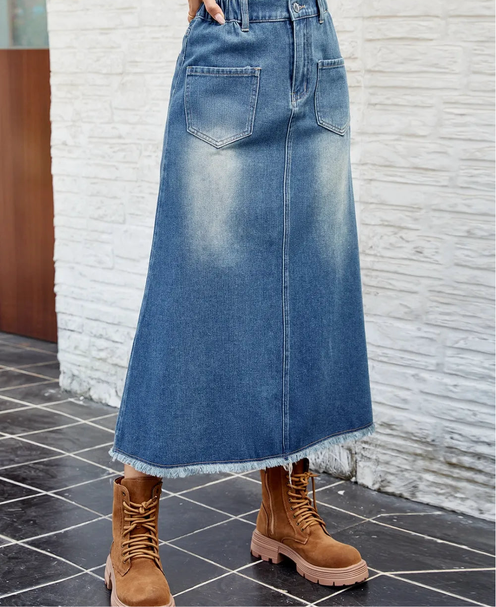 Raw Hem Buttoned Denim Skirt with Pockets
