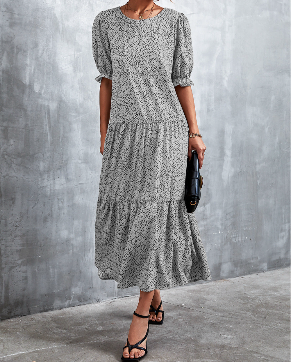 Printed Flounce Sleeve Tiered Dress