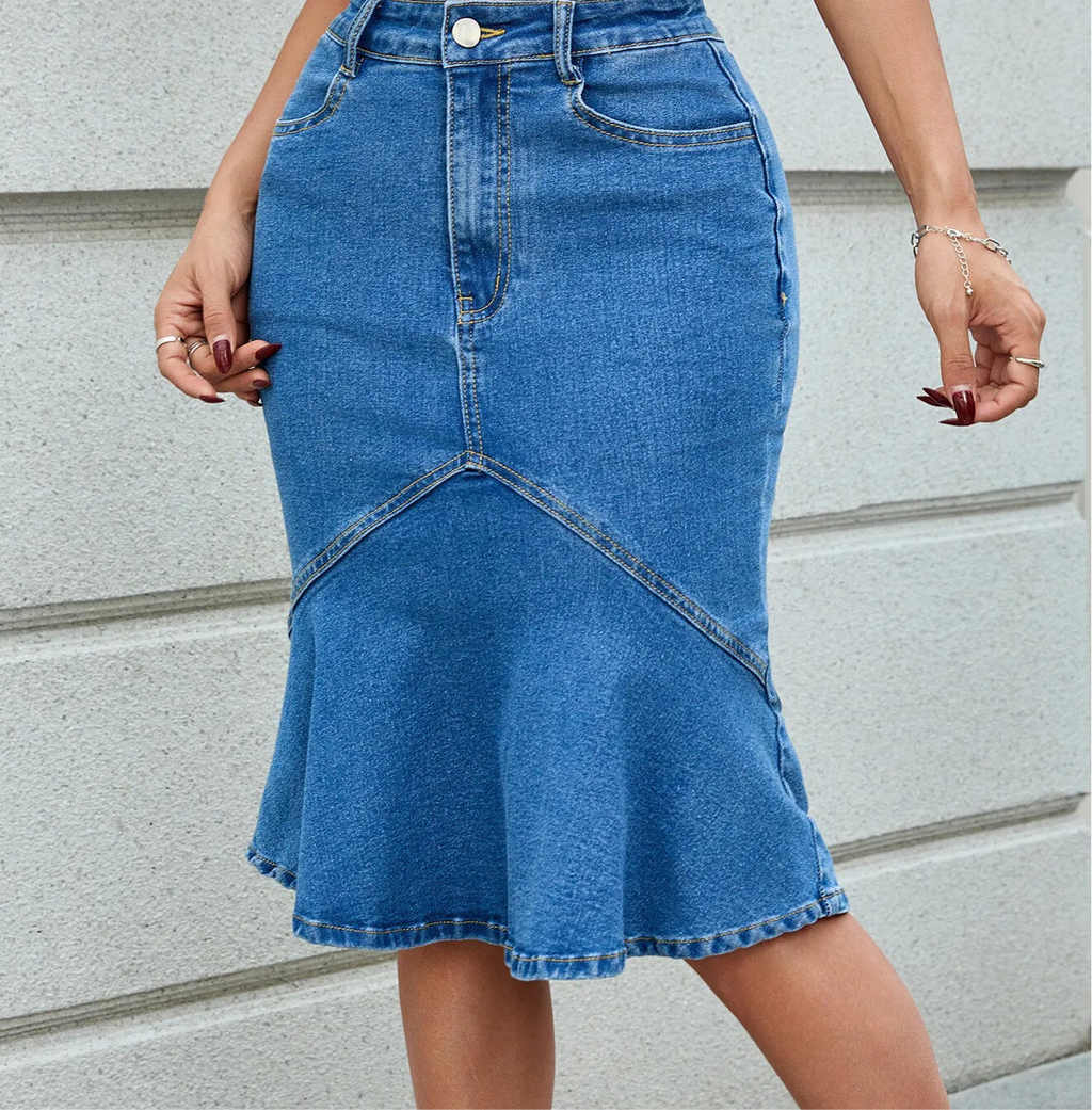 High Waist Mermaid Hem Denim Skirt