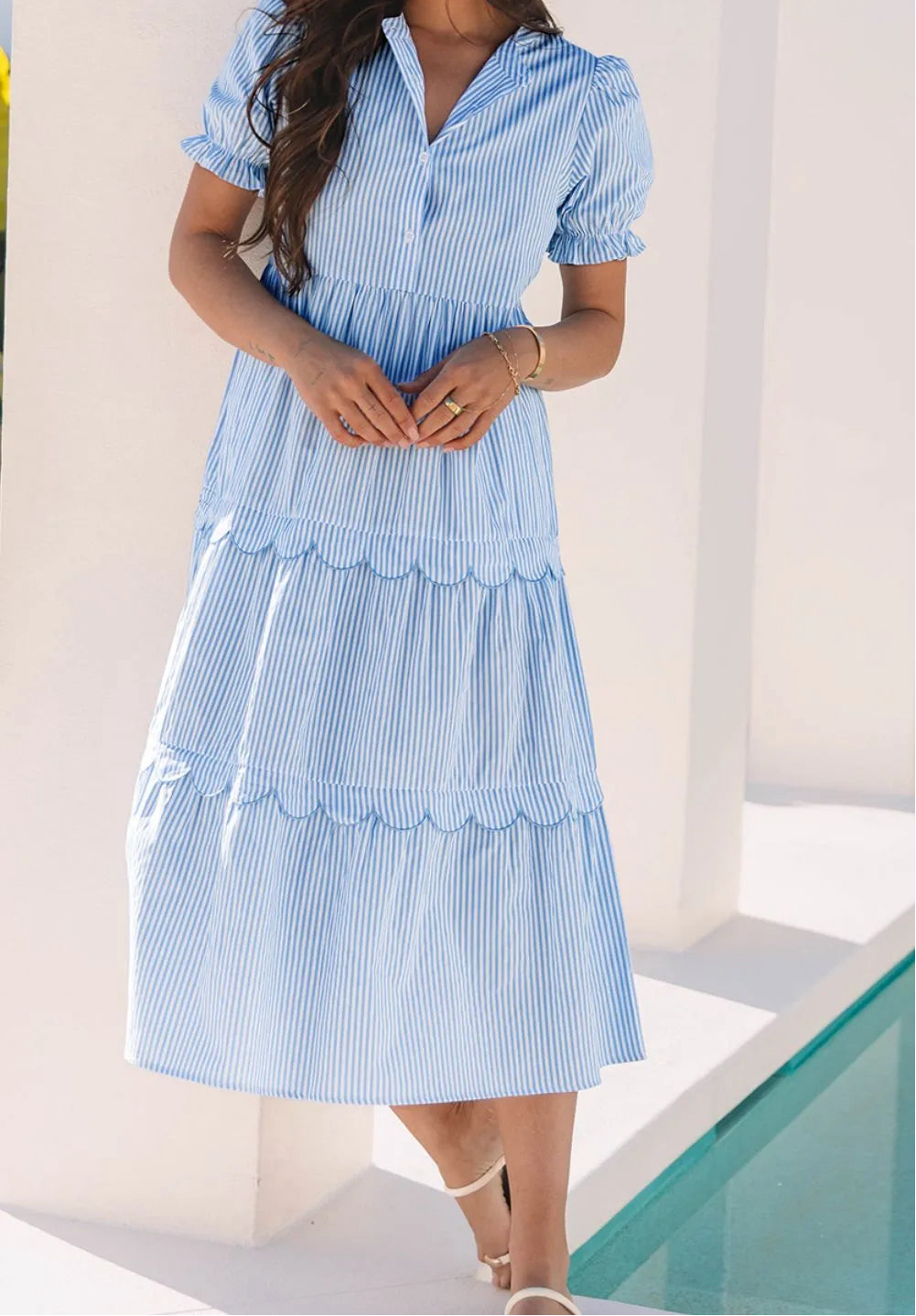 Stripe Bubble Short Sleeve Tiered Scallop Midi Dress