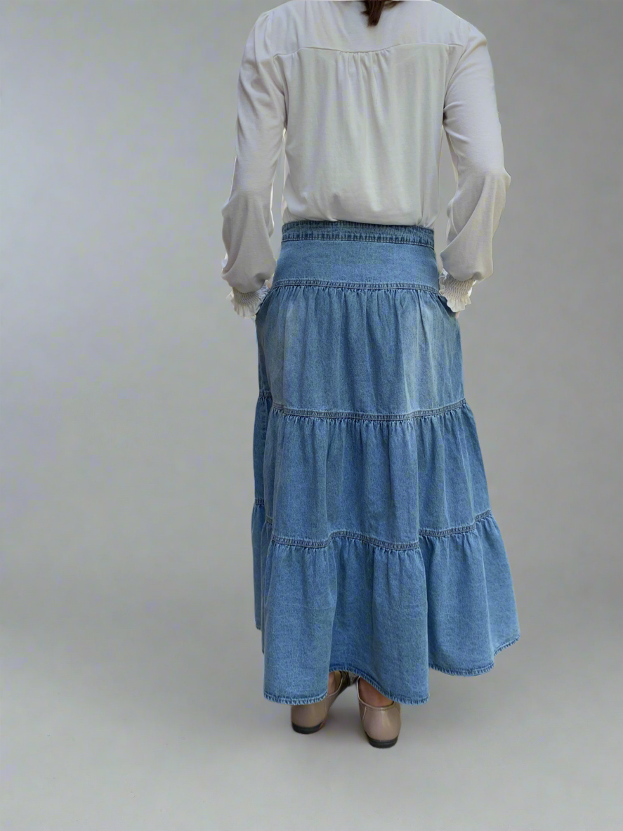 Ruched Button Fly Denim Skirt