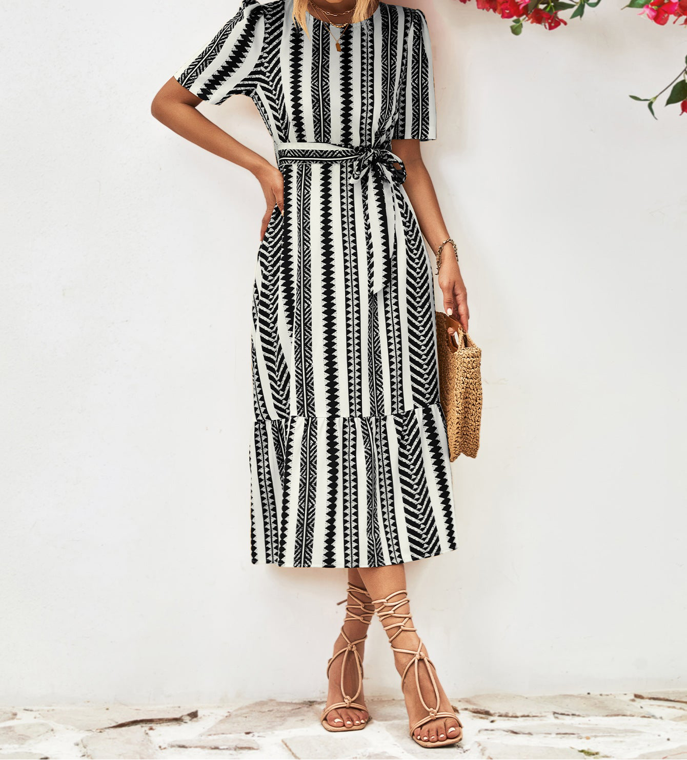 Striped Tie Belt Round Neck Puff Sleeve Dress