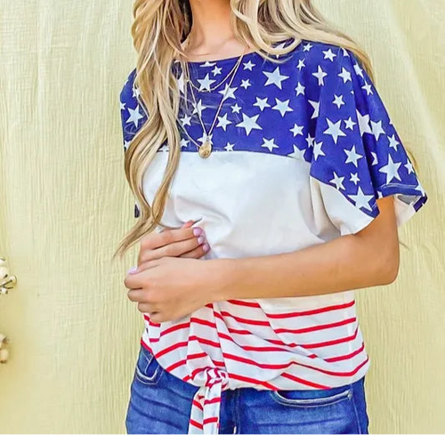American Flag Print Tie Knot Front Casual Top