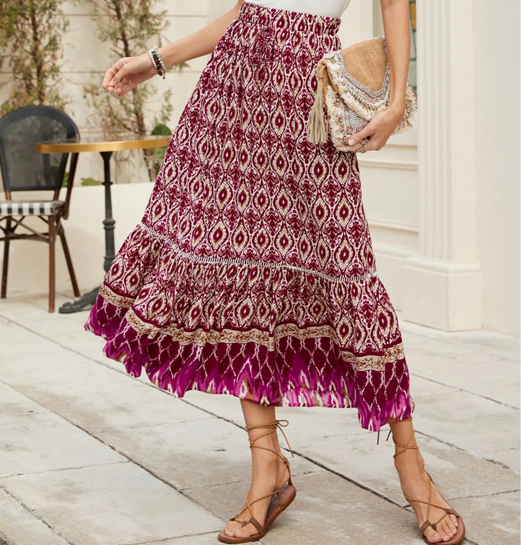 Bohemian Printed Ruched Maxi Skirt